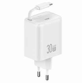 USAMS USB-C Wall Charger + retractable USB-C cable PD+QC 30W Gan Fast Charging YC Series