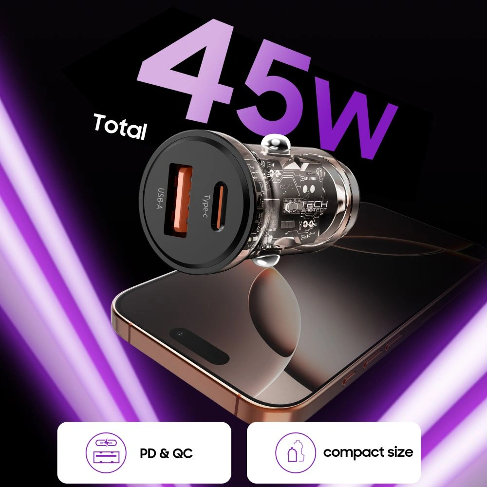 Tech-Protect CC01 2-port USB-A, USB-C PD 45W autós töltő