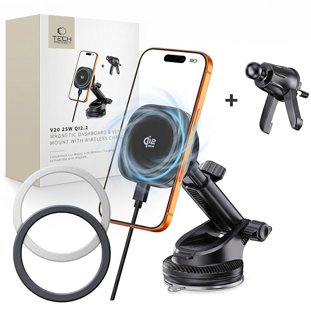 Tech-Protect V20 Arcticboost Magnetic MagSafe Dashboard & Vent Car Mount Wireless Charger 25W Qi2.2
