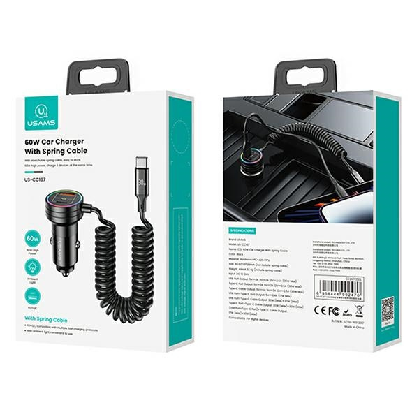 USAMS 2xUSB-C 1xUSB-A C33 60W autós töltő spirál kábellel