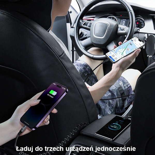 USAMS 2xUSB-C 1xUSB-A C33 60W autós töltő spirál kábellel