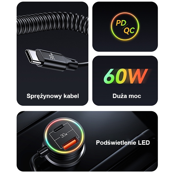 USAMS 2xUSB-C 1xUSB-A C33 60W autós töltő spirál kábellel