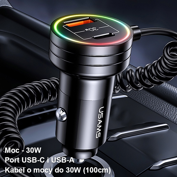 USAMS 2xUSB-C 1xUSB-A C33 60W autós töltő spirál kábellel