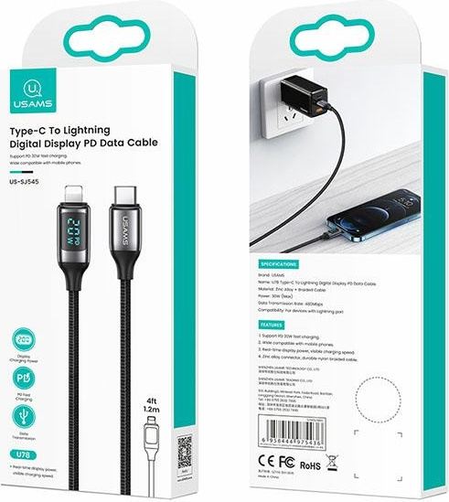 USAMS Nylon Cable U78 USB-C - Lightning LED 1.2m 20W PD Fast Charge cable