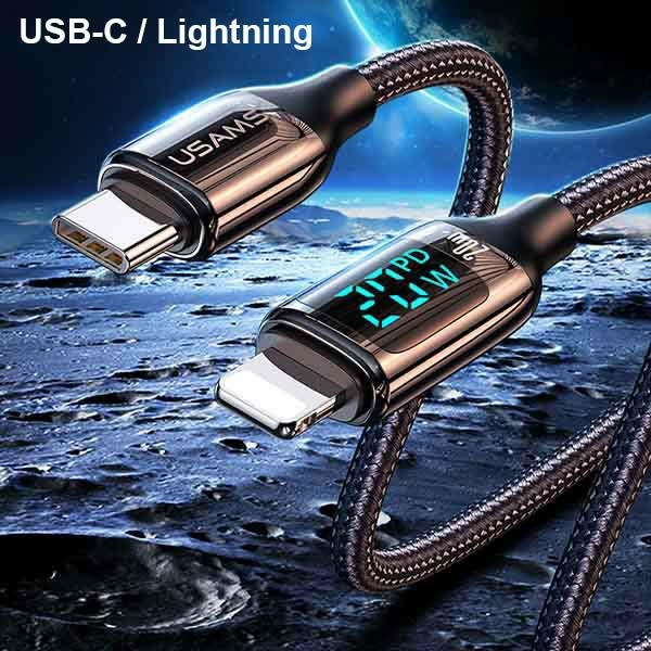 USAMS Nylon Cable U78 USB-C - Lightning LED 1.2m 20W PD Fast Charge cable