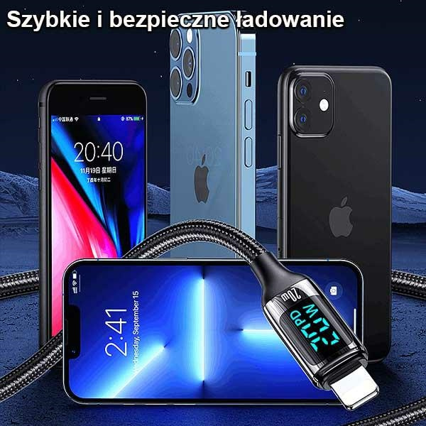 USAMS Nylon Cable U78 USB-C - Lightning LED 1.2m 20W PD Fast Charge cable