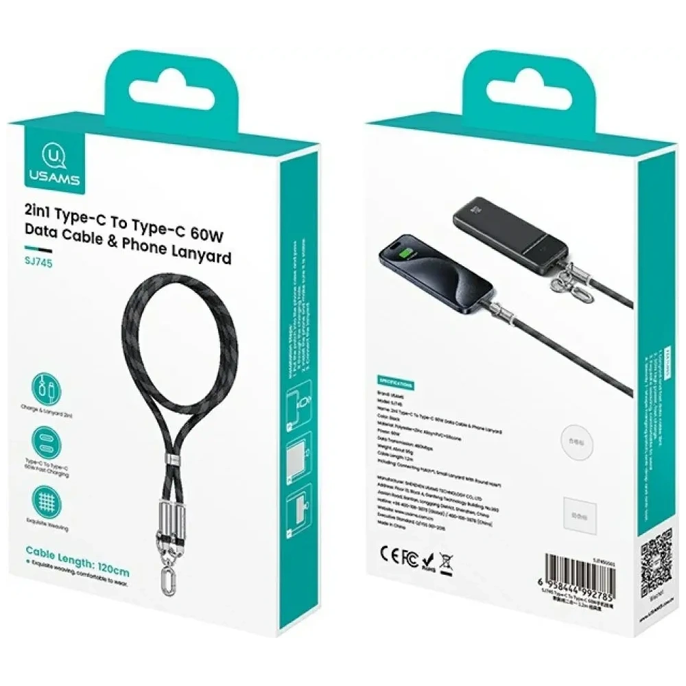 USAMS SJ745 telefontartó nyakpánt USB-C/USB-C töltőkábellel 60W 1.2m