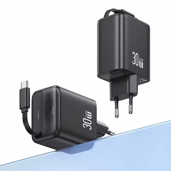USAMS USB-C Wall Charger + retractable USB-C cable PD+QC 30W Gan Fast Charging YC Series