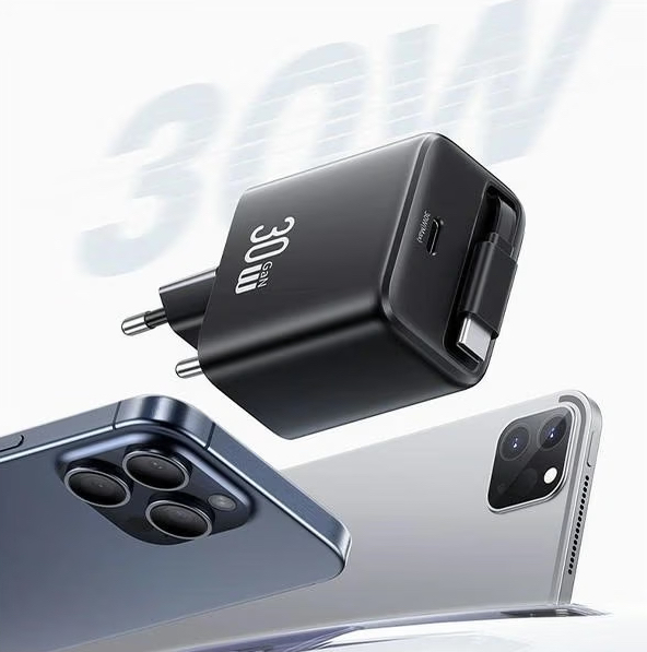 USAMS USB-C Wall Charger + retractable USB-C cable PD+QC 30W Gan Fast Charging YC Series