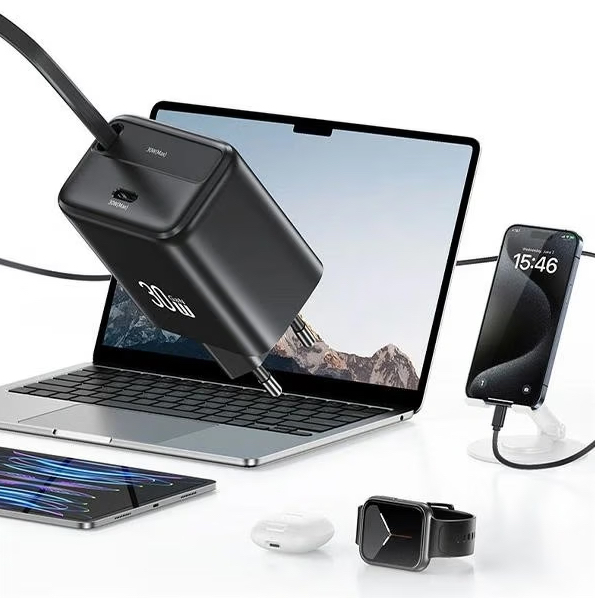 USAMS USB-C Wall Charger + retractable USB-C cable PD+QC 30W Gan Fast Charging YC Series