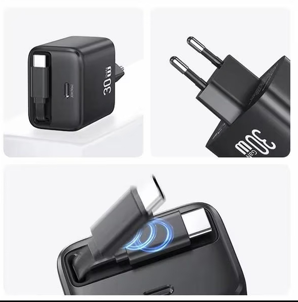 USAMS USB-C Wall Charger + retractable USB-C cable PD+QC 30W Gan Fast Charging YC Series
