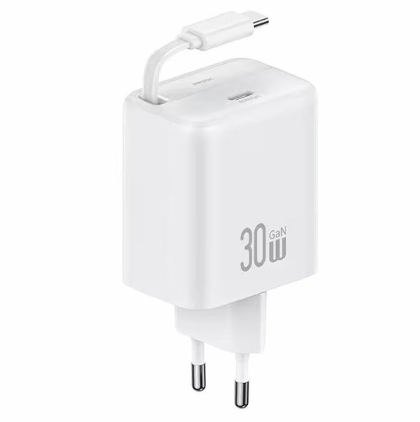 USAMS USB-C Wall Charger + retractable USB-C cable PD+QC 30W Gan Fast Charging YC Series