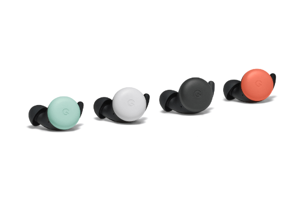 Fehér háttéren a Google Pixel Buds zöld, fehér, fekete és piros változata.