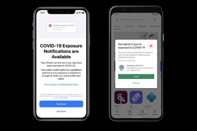 Egy iPhone és egy Androidos készülék képernyőjén láthatjuk, hogyan működik az Apple és a Google COVID-figyelmeztetése.