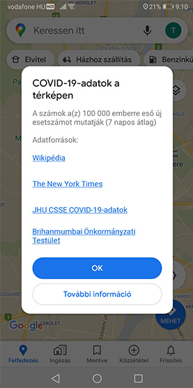 A Google Maps COVID-19 funkció bekapcsolása.