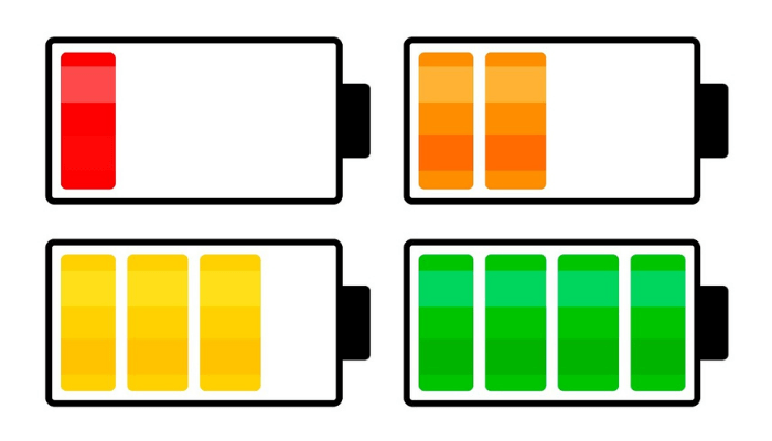 4 ikonon jelezve a telefon akkumulátorának négy merülési fázisa a teljes töltöttségtől a lemerülésig.