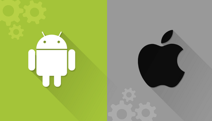Zöld alapon Android-logo, szürke alapon Apple-logo.