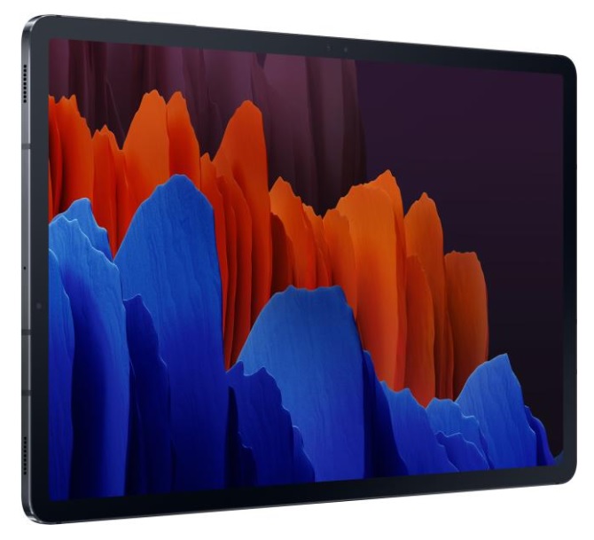 Fekete Galaxy Tab S7 Plus, szürke háttérrel.